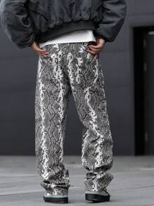 Manfinity Homme Men's Snakeskin Print Loose Wide-Leg Jeans - Grey - View 2