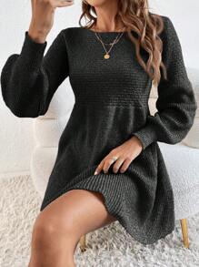 SHEIN Frenchy Women Solid Color Round Neck Long Sleeve Short Casual Sweater Dress, Autumn/Winter - Dark Grey - View 1