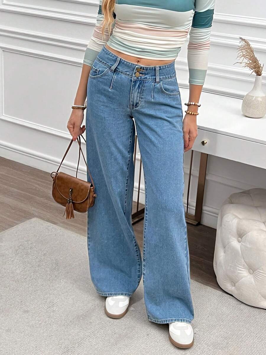 SHEIN LUNE 女式前扣口袋简约牛仔裤，休闲日常穿着