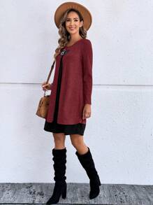 EMERY ROSE 女士纯色拼接长袖简约短款休闲连衣裙秋季女装酒红色开衫女冬连衣裙