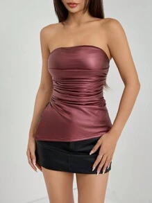 SHEIN PETITE Fashionable Solid Color Ruched Fitted Asymmetric Hem Bandeau Top - Burgundy - View 4