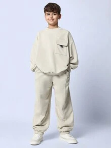 SUMWON Tween Boys Relaxed Regular Fit Utility Sweatshirt And Jogger With Piping 2 Piece Set - Khaki - View 1
