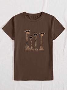 Selamara Giraffe Print Short Sleeve T-Shirt With Eyelashes For Casual Outfits For Clothes Graphic Cheetah Print Tees Women Tops For Summer And Spring - Khaki - View 3