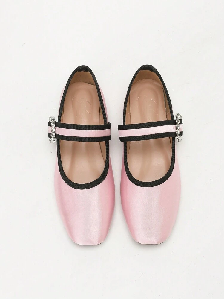 CUCCOO DOLLMOD Rhinestone Buckle Square Toe Flat Cute Sweet Retro Refined Pink Satin Elegant Mary Jane Flat Shoes, Women Valentines