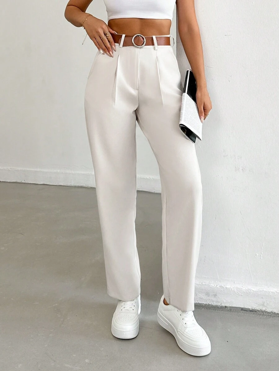 EURMUSE Women Solid Color Pleated Straight Loose Daily Casual Commuting Long Pants - Cream - View 1