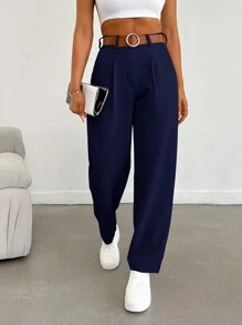 EURMUSE Pantalones rectos, sueltos y plisados de unicolor para uso diario y casual de las mujeres - Azul Marino - Ver 4