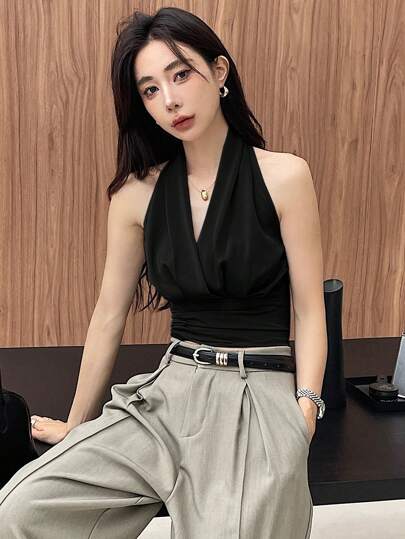 DAZY Sexy Backless Women Draped Neck Sleeveless Tank Top,Halter Top Crop Women Tops Going Out Tops