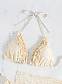 3 Pcs Women Beach Outfit Set: Lace Halter Backless Crop Top, Ruffle Trim Mini Skirt, Sexy Bikini For Summer Beach Vacation - Apricot - View 7