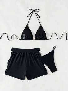 3pcs Set Solid Color Triangle Bra With Bow Element & Hipster Panty Women Set Summer