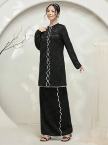 Graceveil Baju Kurung Women's Jacquard Knit Black Contrast Ruffle Trim Long Sleeve Sweater Modest