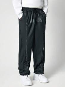 ROMWE MEN Street Life Men's Casual Colorblock Star Print Zipper Design Drawstring Waist Baggy Sweatpants - Black - View 3