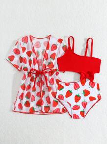 SHEIN 2 pièces/Set Maillot de bain bébé fille, Imprimé fraise mignon et décor nœud papillon. Maillot de bain avec cache-maillot anti-UV