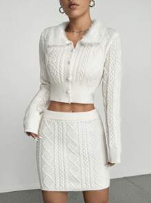 Flirla Áo len cardigan bện thanh lịch và thon gọn có nút và cổ, bộ váy ngắn bó sát Y2K Outfit - trắng - Xem 3