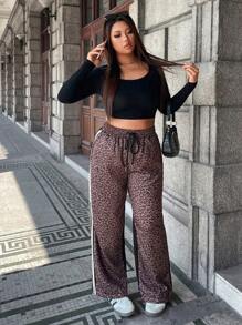 Calvaya Women's Plus Size Leopard Print Patchwork Solid Color Loose Fit Pants Fall Cloth For Women - Black - View 4