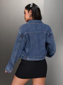 SHEIN EZwear Autumn Casual Water-Washed Cropped Denim Jacket - Dark Wash - View 2