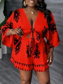 Slaydiva Bộ đồ liền thân in họa tiết rộng rãi cổ chữ V thắt eo thoải mái cho ngày lễ cỡ lớn dành cho nữ - Đỏ - Xem 3