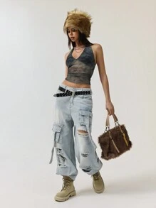 StreetHx Top de tirantes con estampado de teñido anudado, escote profundo en V y espalda descubierta de malla para mujeres - Verde Oscuro - Ver 4