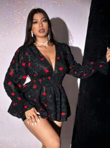 Viva Relle Blusa sencilla de manga larga con escote en V y estampado de corazón en tela jacquard, para tallas grandes, top con volantes para uso casual diario, San Valentín - Negro - Ver 4