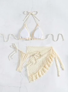 3 Pcs Women Beach Outfit Set: Lace Halter Backless Crop Top, Ruffle Trim Mini Skirt, Sexy Bikini For Summer Beach Vacation - Apricot - View 5