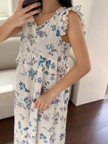 DAZY 女士甜美花卉印花荷叶边下摆睡袍睡裙睡衣