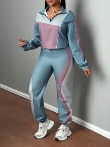 Slaydiva 2 件套女士休闲街头风格运动高领长袖拉链夹克和宽松抽绳裤，拼布拼色 - 綠色 - 查看 5