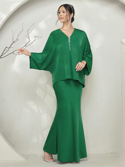 Graceveil Baju Kurung Women's Casual Loose Chain Decor Mermaid-Hem Mini Dress Modest