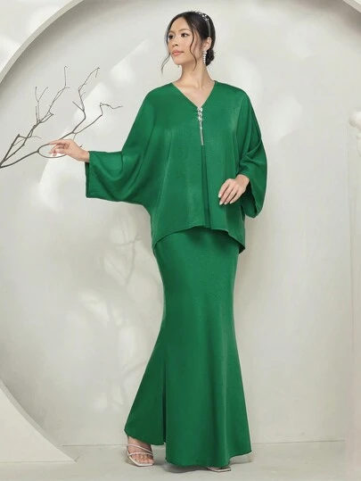 Graceveil Baju Kurung Damer Casual Lös kedja Dekor Sjöjungfru-fåll Miniklänning Modest