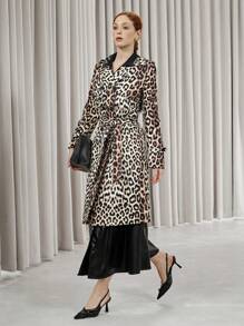 Aveloria Modichic Retro Leopard Print Canvas Belt Double-Breasted Design Fashionable Mid-Length Trench Coat, Autumn/Winter Fall Cloth For Women - Multicolor - View 1