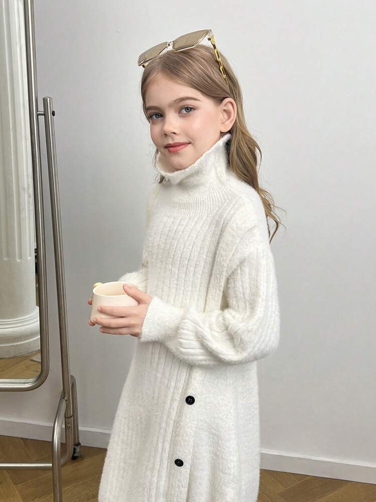 青少年女孩宽松休闲冬季蓬松围脖宽松 A 字形拼接时尚套头连衣裙 - 白色 - 查看 4