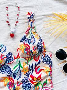 Soleia 1 件女士彩色佩斯利印花褶饰短款吊带背心，适合度假、新年、女士上衣、短款上衣、新年上衣、西方女士、派对女士、圣诞节女士上衣、节日、假日上衣、外出