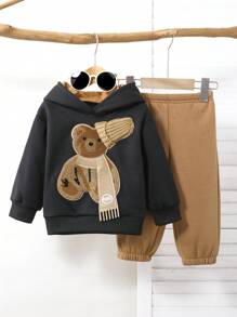 SHEIN 2pcs Baby Boys Casual Sports Streetwear Cute 3D Bear Embroidered Hooded Top And Pants Set, Warm Thick For Autumn/Winter Outdoor