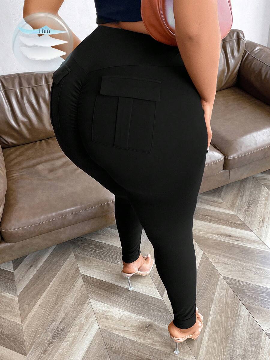 Maweii 女式大尺碼純色口袋打底褲 - 黑色 - 查看 1