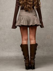 SHEIN BAE Women's Autumn Brown Herringbone Tied-Waist Pleated Hem Simple Houndstooth Mini Skirt