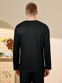 Notgurli Men's Rose Floral Pattern Pajama Shirt - Black - View 2