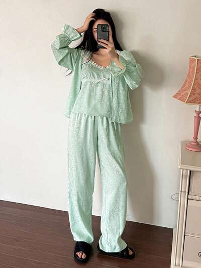 3pcs Romantic Lace Patchwork Jacquard Satin Camisole And Pants Sleepwear Set Pajama