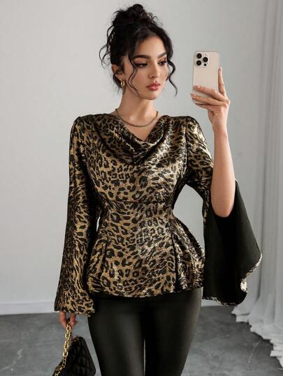 Chiquease 女士优雅豹纹露背领开衩袖口长袖衬衫，秋季荷叶边上衣