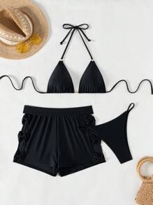 3pcs Set Solid Color Triangle Bra With Bow Element & Hipster Panty Women Set Summer