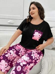 2 sztuki Plus Size Floral Print Pocket Sweter Krótki Rękaw i Spodnie 3/4 Zestaw Piżamy
