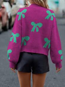 SHEIN LUNE 女士休闲蝴蝶结装饰立领落肩长袖套头毛衣，秋冬针织套头衫 - 紫色 - 查看 2