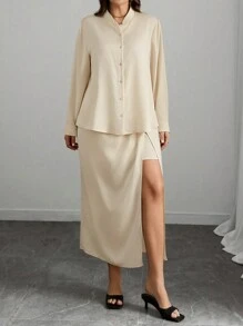 Flirla Conjunto de blusa de satén con cuello de pie y apertura delantera y falda midi fruncida para mujer de talla grande, ideal para oficina/fiesta, primavera/otoño - Albaricoque - Ver 5