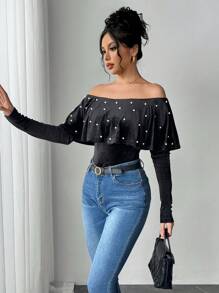 Chiquease 优雅荷叶边荷叶边饰珍珠装饰女式紧身衣