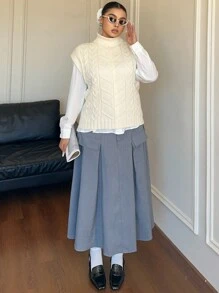 Flirla 加大码纯色高领宽松毛衣背心，休闲日常穿着纹理套头针织毛衣 - 杏色 - 查看 5