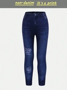 SHEIN Young Girl Minimalist Navy Blue Denim Effect Ripped Long Casual Jeans - Royal Blue - View 1