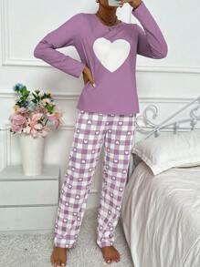 Bộ 2 món Áo in hình trái tim cỡ lớn phối quần kẻ sọc pijama, trang phục thu đông ấm áp và thanh lịch - Màu tím - Xem 5