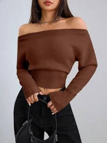 SHEIN Unity 女士休闲露肩长袖针织毛衣 - 咖啡棕 - 查看 1