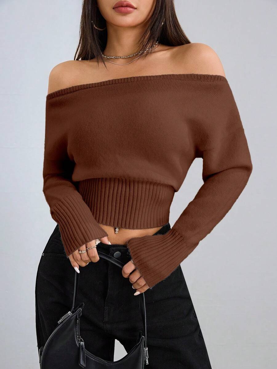 SHEIN Unity 女士休闲露肩长袖针织毛衣 - 咖啡棕 - 查看 1