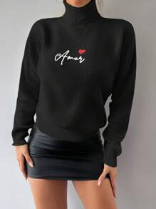 EURMUSE Letter & Heart Pattern High Neck Sweater - Black - View 1