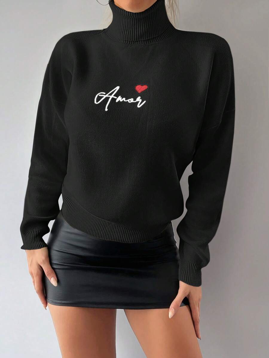 EURMUSE Letter & Heart Pattern High Neck Sweater - Black - View 1