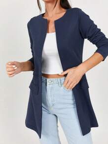RueChic Solid Flap Detail Coat - Navy Blue - View 3
