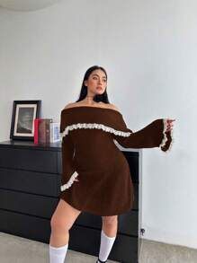 SHEIN MOOSTA 大码优雅拼色蕾丝边露肩喇叭袖毛衣连衣裙，秋冬 - 棕色 - 查看 4